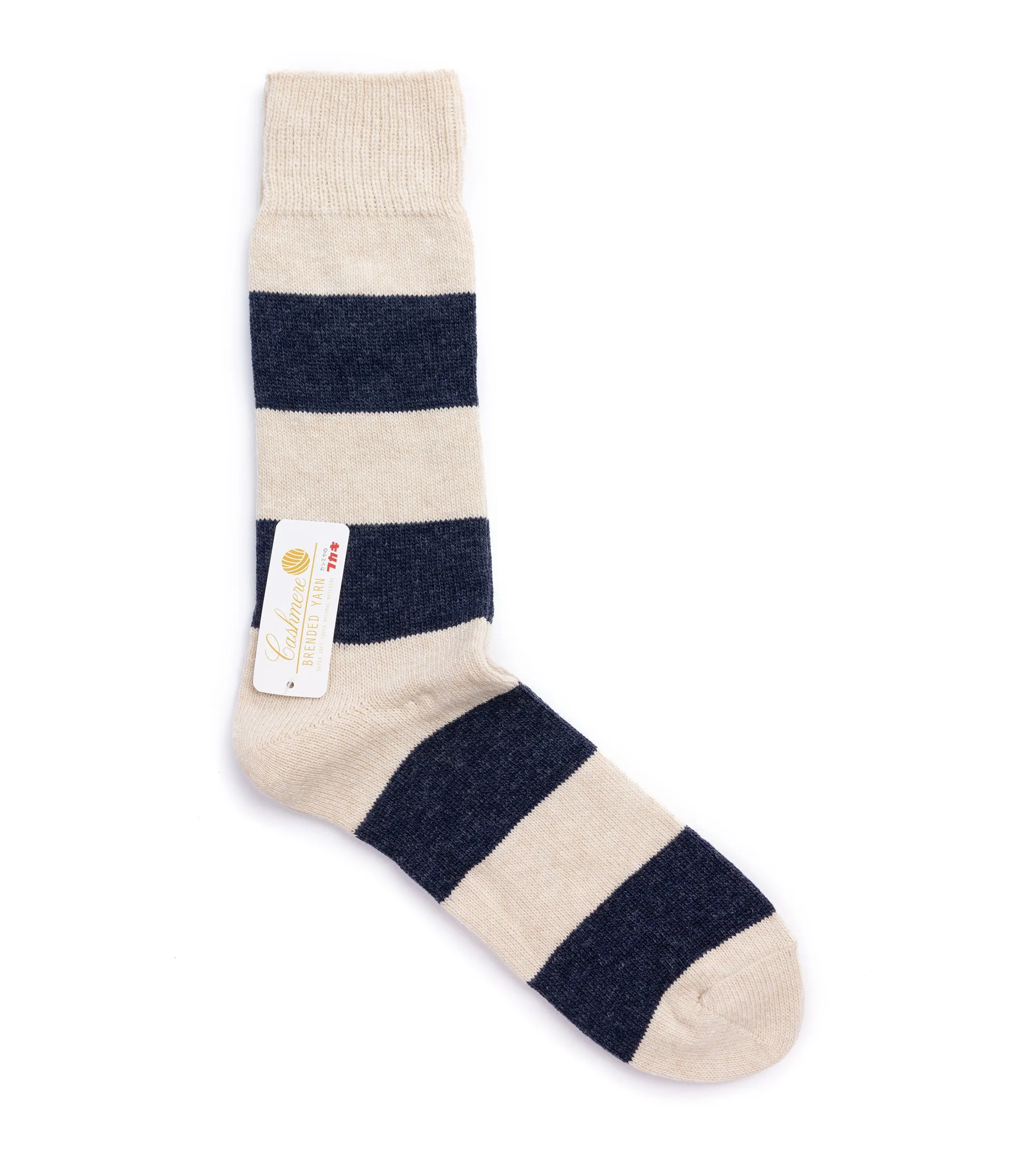 Anonymous Ism Wool Cashmere Striped Crew Socks: Oatmeal/Blue