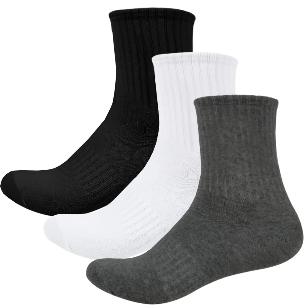 Basic Mid Cut Quarter Length Cotton Socks w/ Ribbed Leg and Foot Arch Support