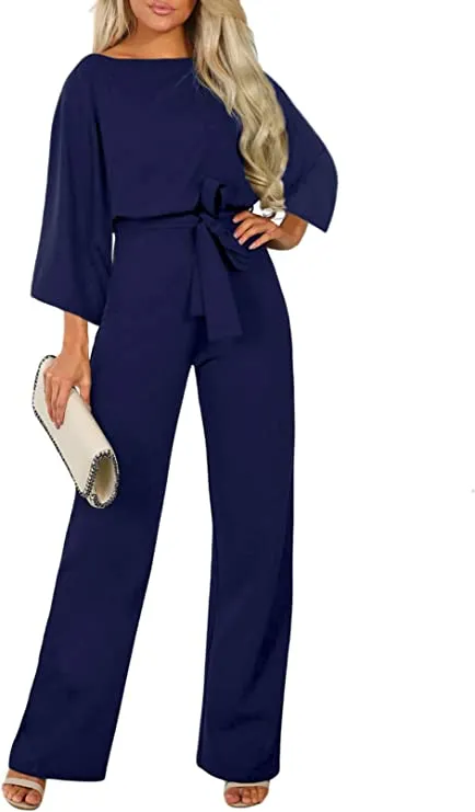 Blue Full Sleeve Women Casual Loose Short Sleeve Belted Wide Leg Pant Romper Jumpsuits - Happy Sailed