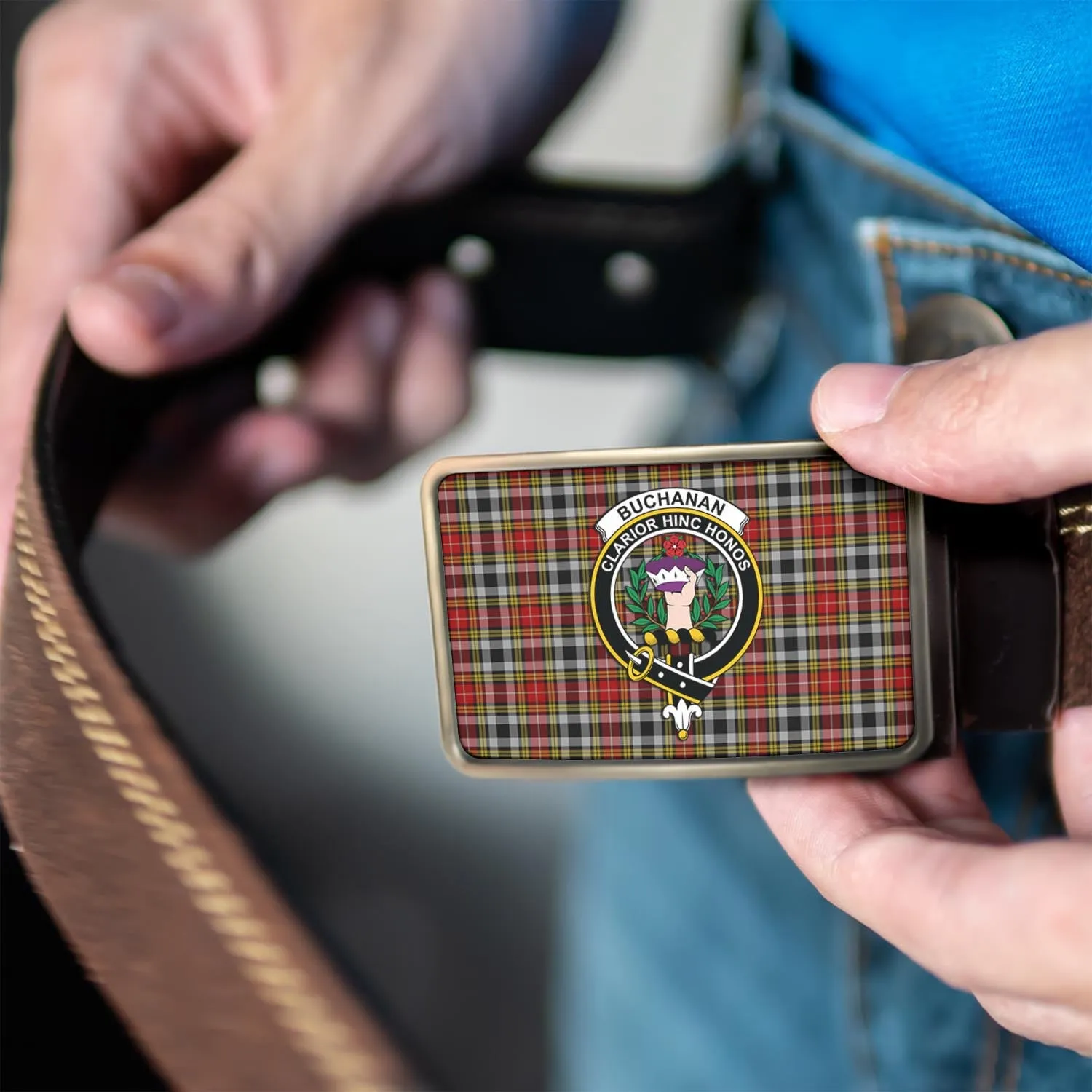 Buchanan Old Dress Tartan Belt Buckles with Family Crest