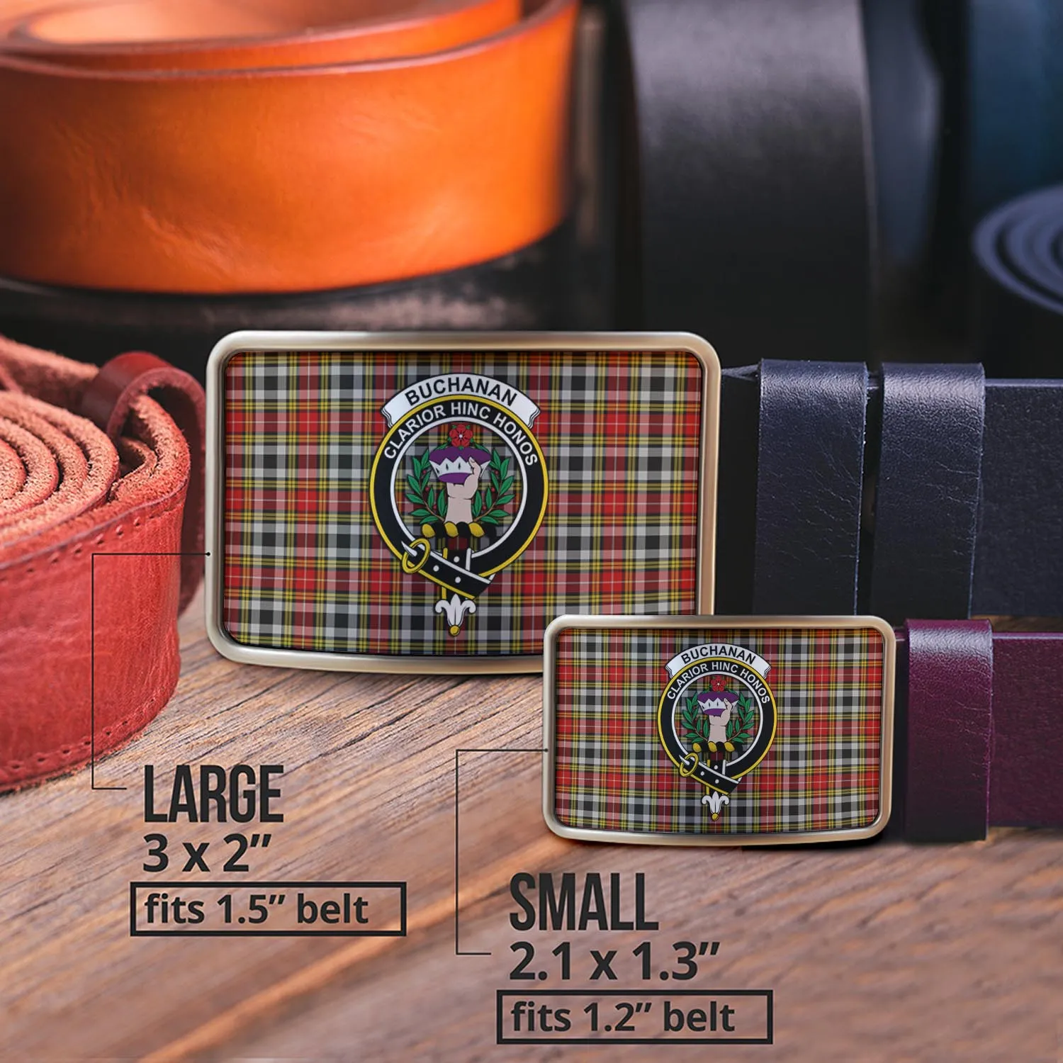 Buchanan Old Dress Tartan Belt Buckles with Family Crest