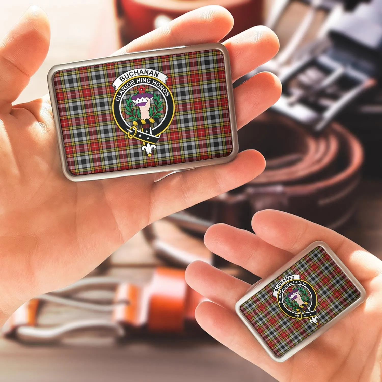 Buchanan Old Dress Tartan Belt Buckles with Family Crest