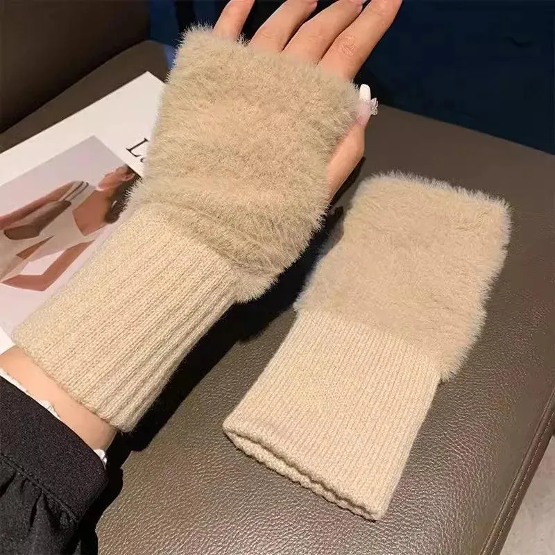 Faux Mink Fleece Winter Fingerless Gloves for Women – Cozy & Stylish