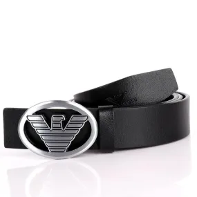 Giorgio Armani Silver Eagle In Oval Logo Genuine  Leather Black Belt