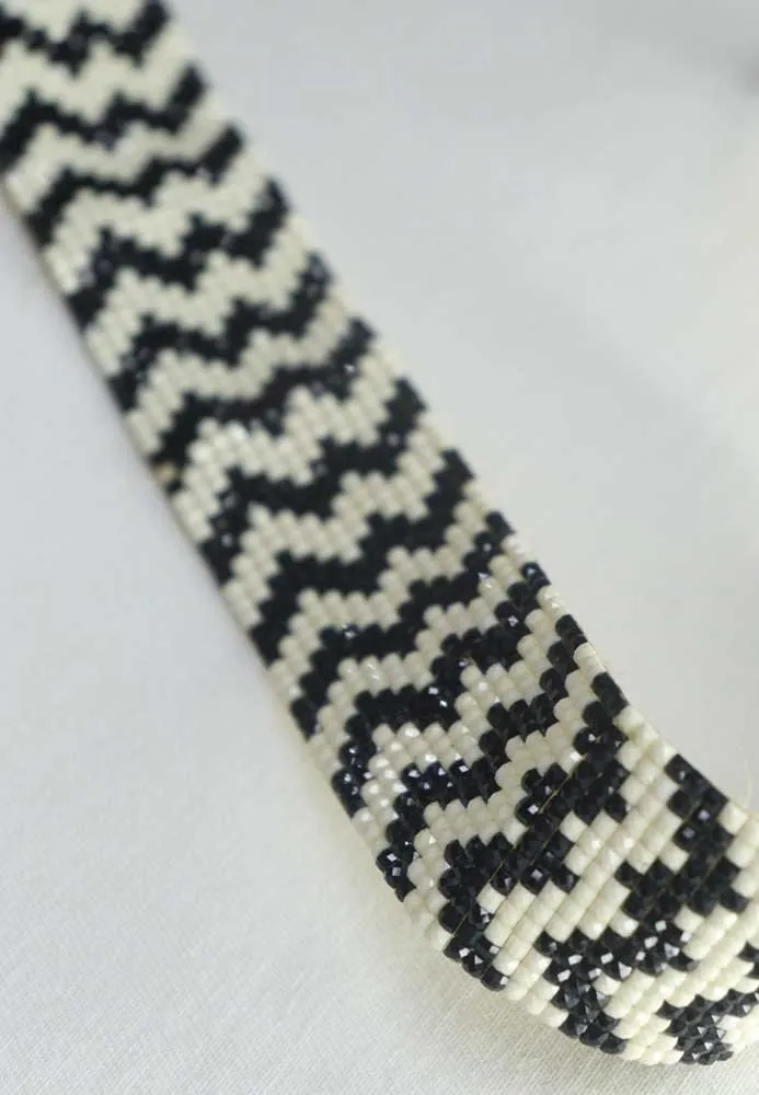 Handcrafted Black and White Beaded Belt - Traditional Design