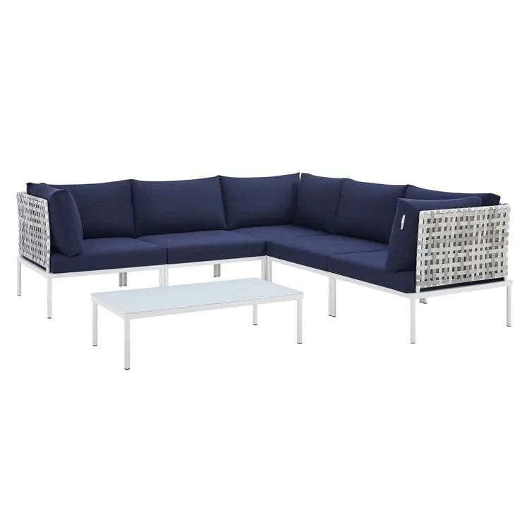 Harmony Six-Piece Sunbrella Basketweave Outdoor Patio Aluminum Sectional Sofa Set