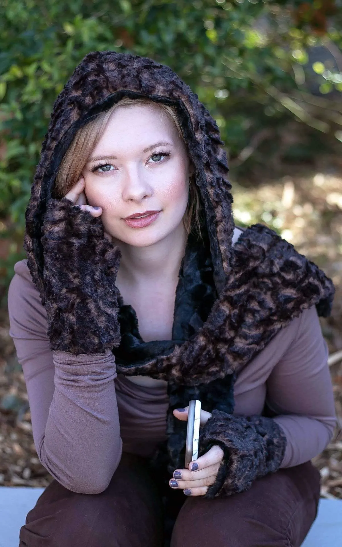 Hoody Scarf - Luxury Faux Fur in Smouldering Sequoia with Cuddly Fur in Black