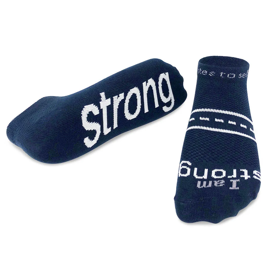 I am strong™ dark navy blue LITE-NOTES™ socks with white words