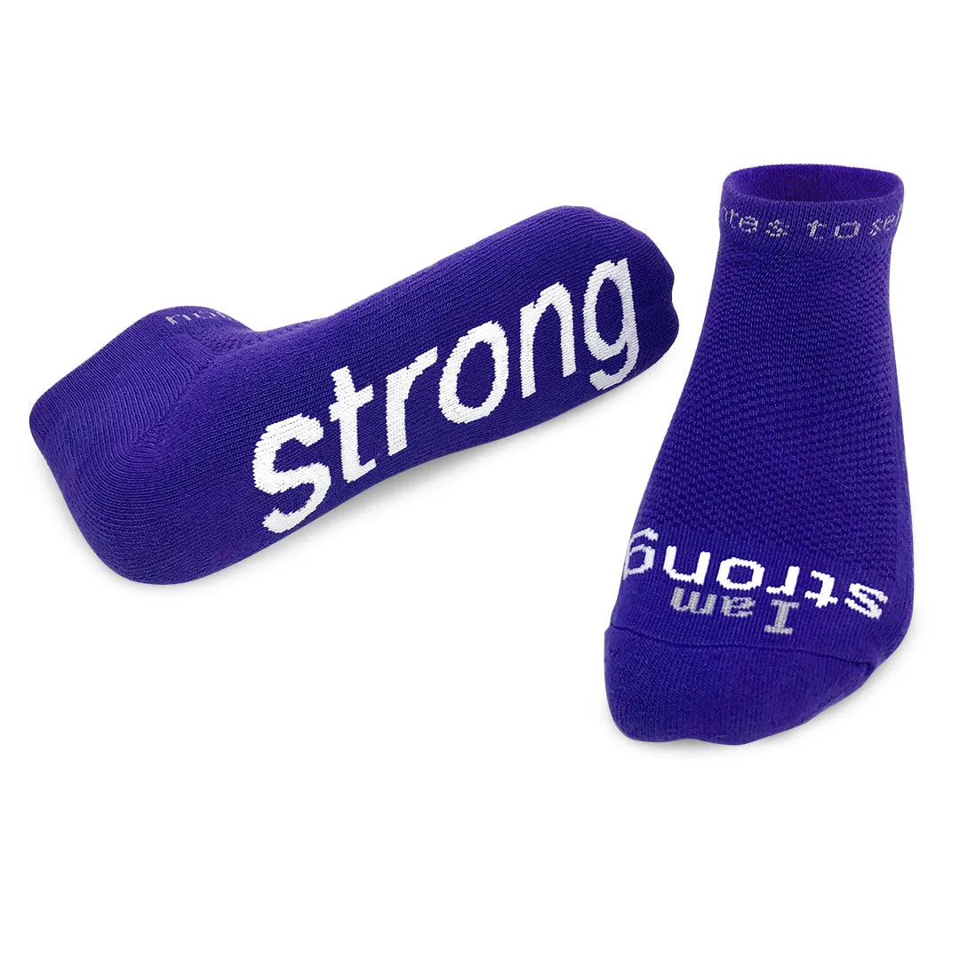 I am strong™ purple low-cut socks with white words