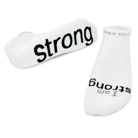 I am strong™ white low-cut socks with black words