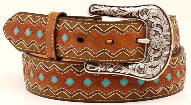 Ladies' Western Brown Belt with Turquoise Diamond Pattern