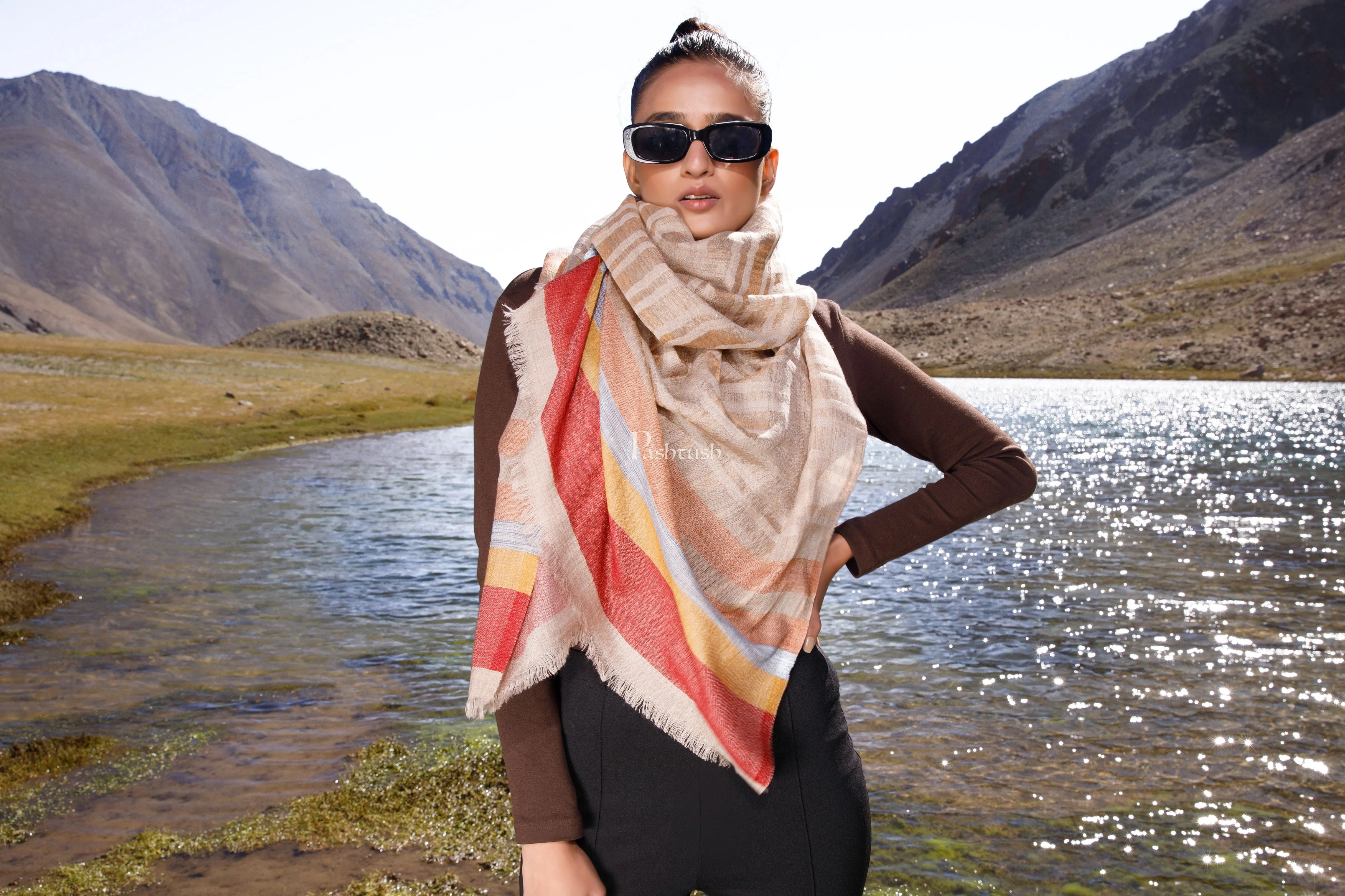 Pashtush Womens Wool Silk Stole, Twilight Collection, Soft Woven Stripes Design, Earthy Tan