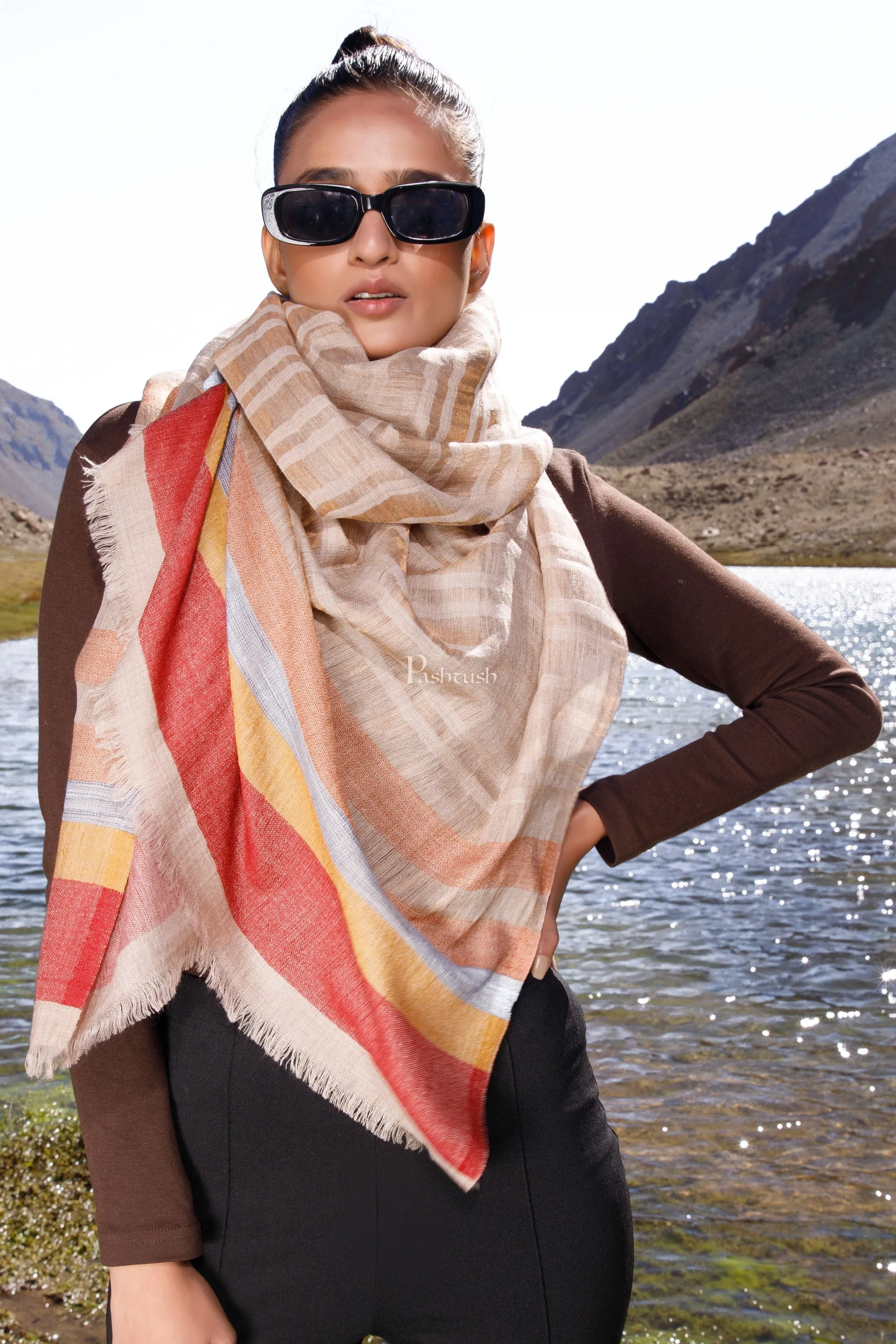 Pashtush Womens Wool Silk Stole, Twilight Collection, Soft Woven Stripes Design, Earthy Tan