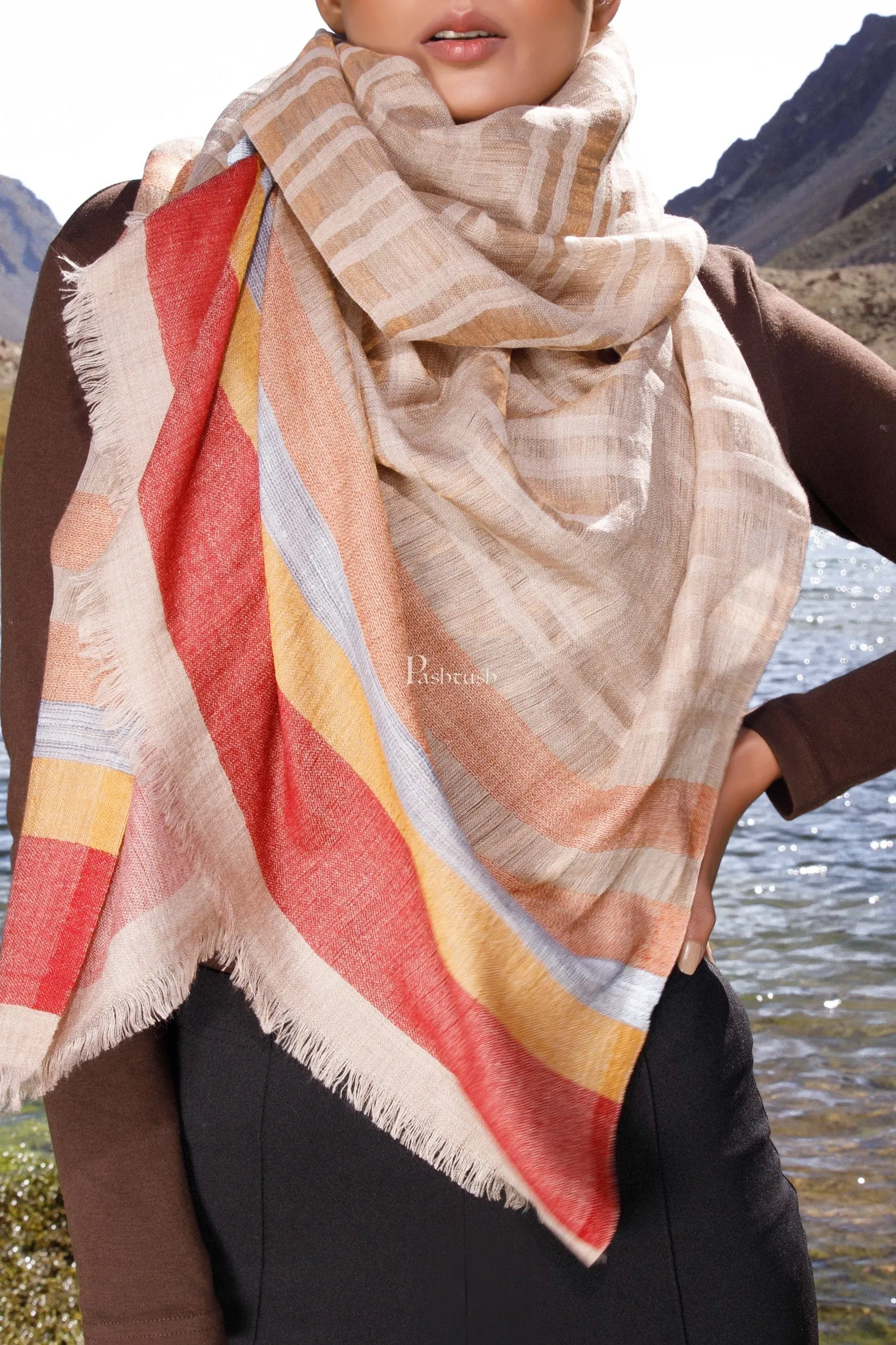 Pashtush Womens Wool Silk Stole, Twilight Collection, Soft Woven Stripes Design, Earthy Tan