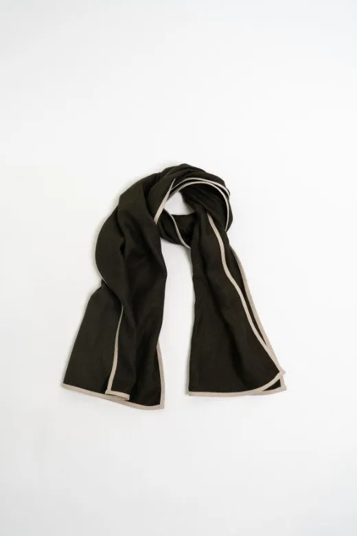 Peat Green with Cream Trim High Five Linen Scarf