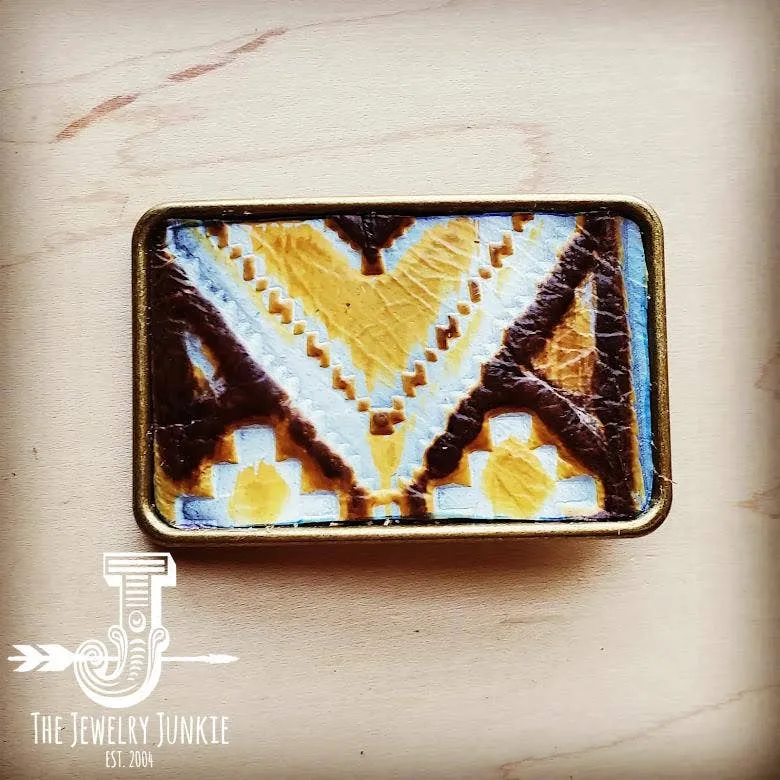 Rectangle Yellow Navajo  Rope Edge Leather Belt Buckle