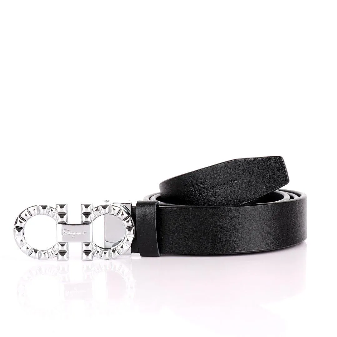 Salvatore Ferragamo Exquisite Silver Designed Men's Leather Black Belt