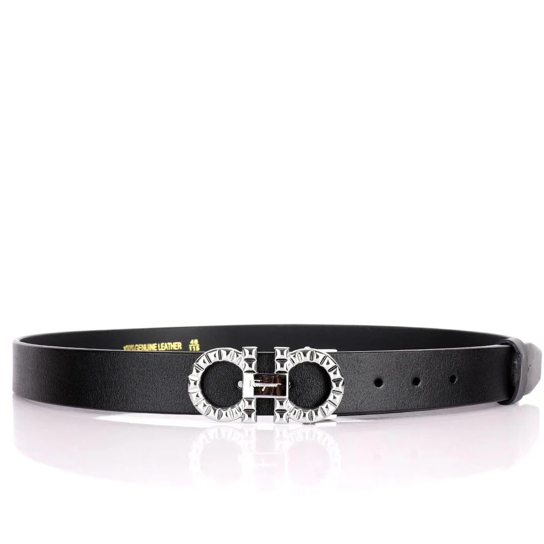 Salvatore Ferragamo Exquisite Silver Designed Men's Leather Black Belt