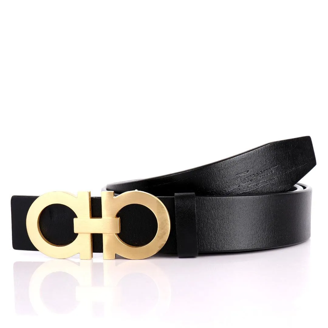 Salvatore Ferragamo Gold Designed Men's Leather Black Belt