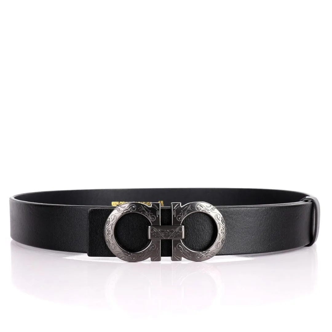 Salvatore Ferragamo Silver Scripted Logo Designed Men's Leather Black Belt