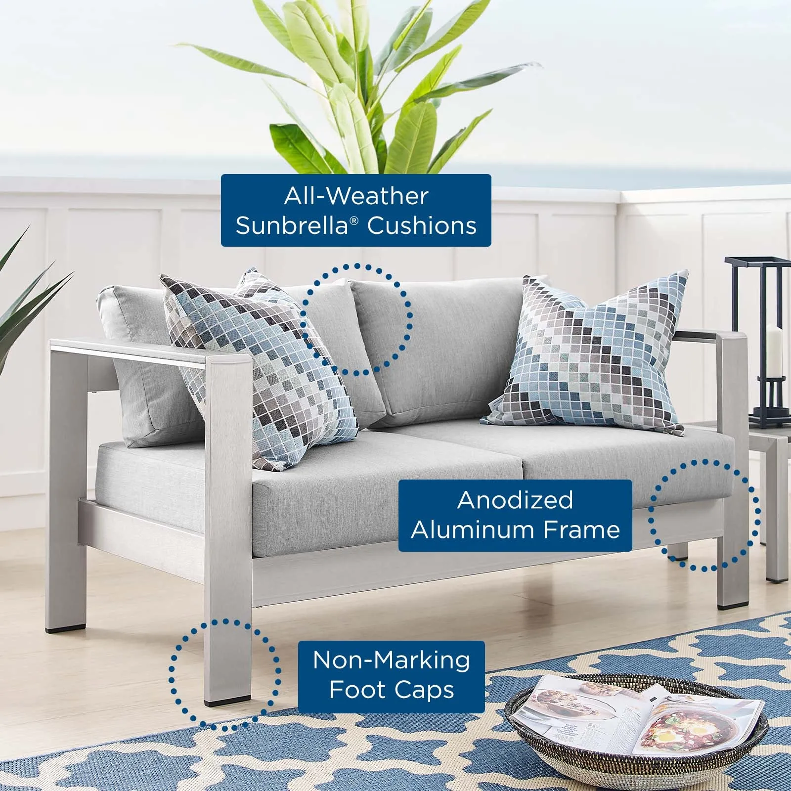 Shore Sunbrella Fabric Aluminum Outdoor Patio Loveseat