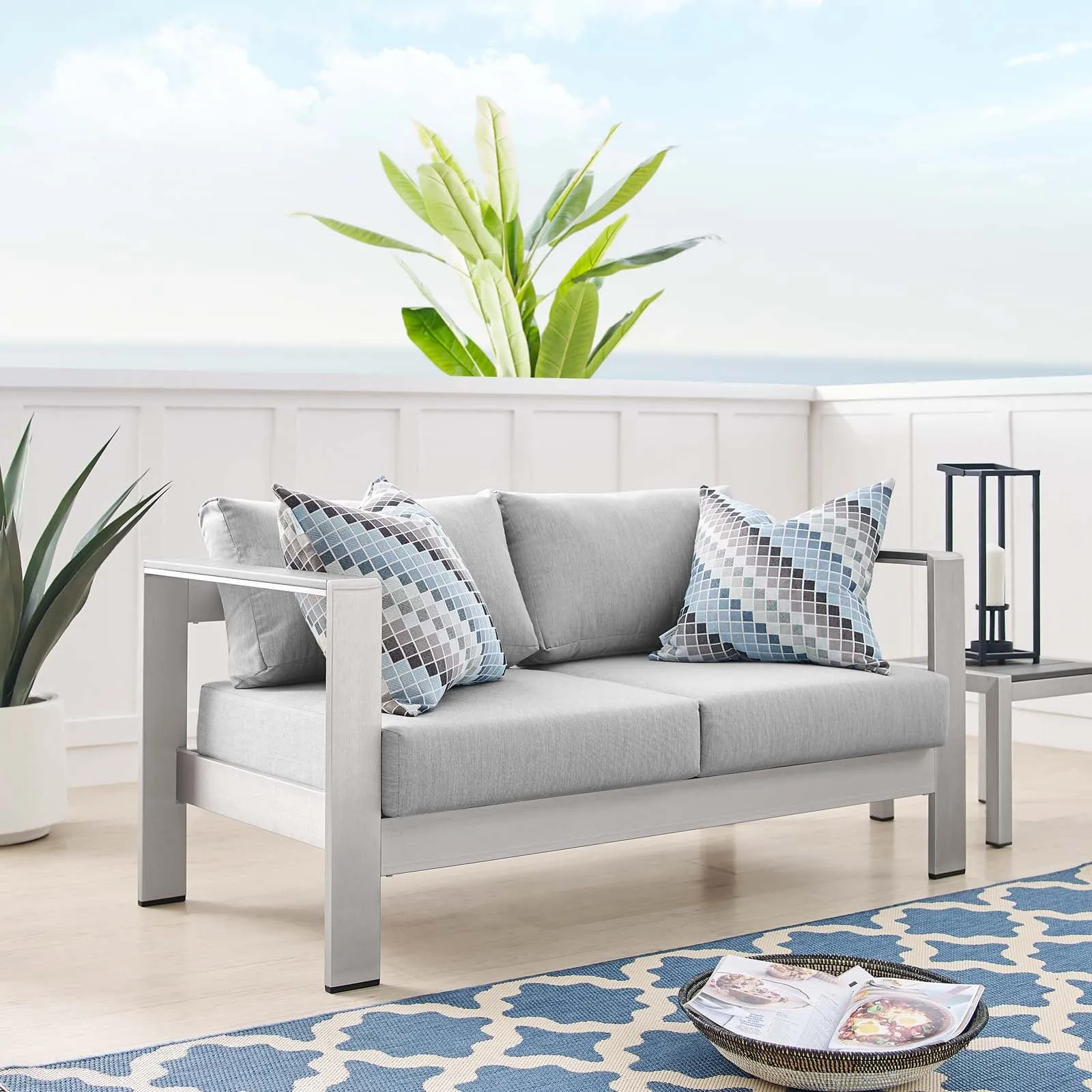 Shore Sunbrella Fabric Aluminum Outdoor Patio Loveseat