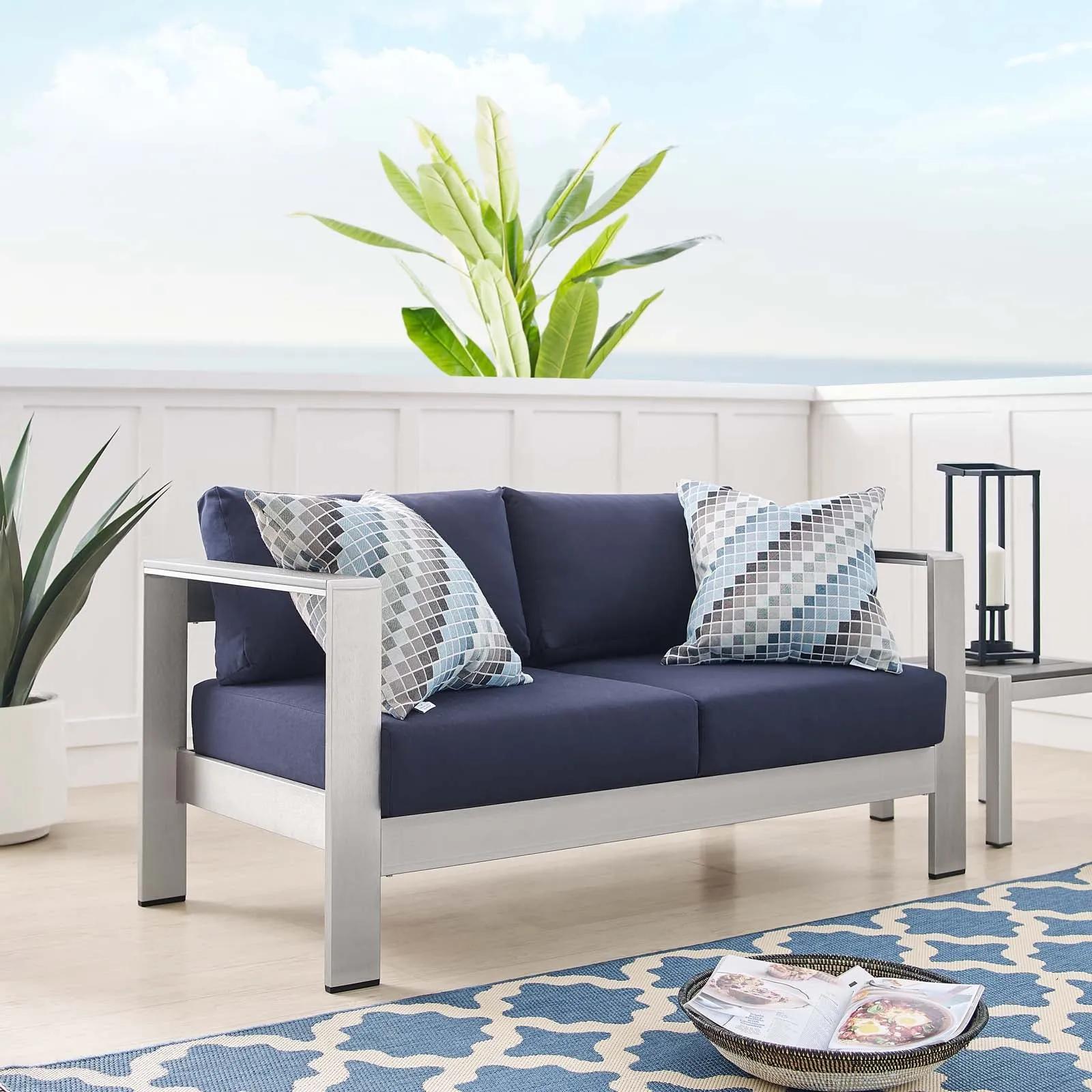 Shore Sunbrella Fabric Aluminum Outdoor Patio Loveseat