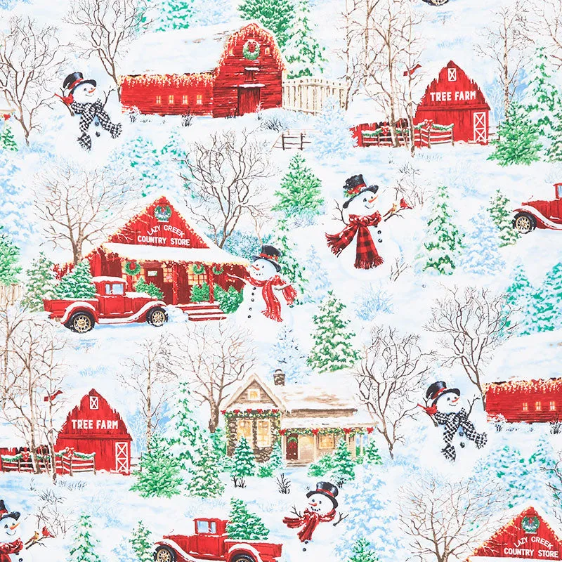 Snowy Day - Winter Cottage and Snowmen Multi Yardage